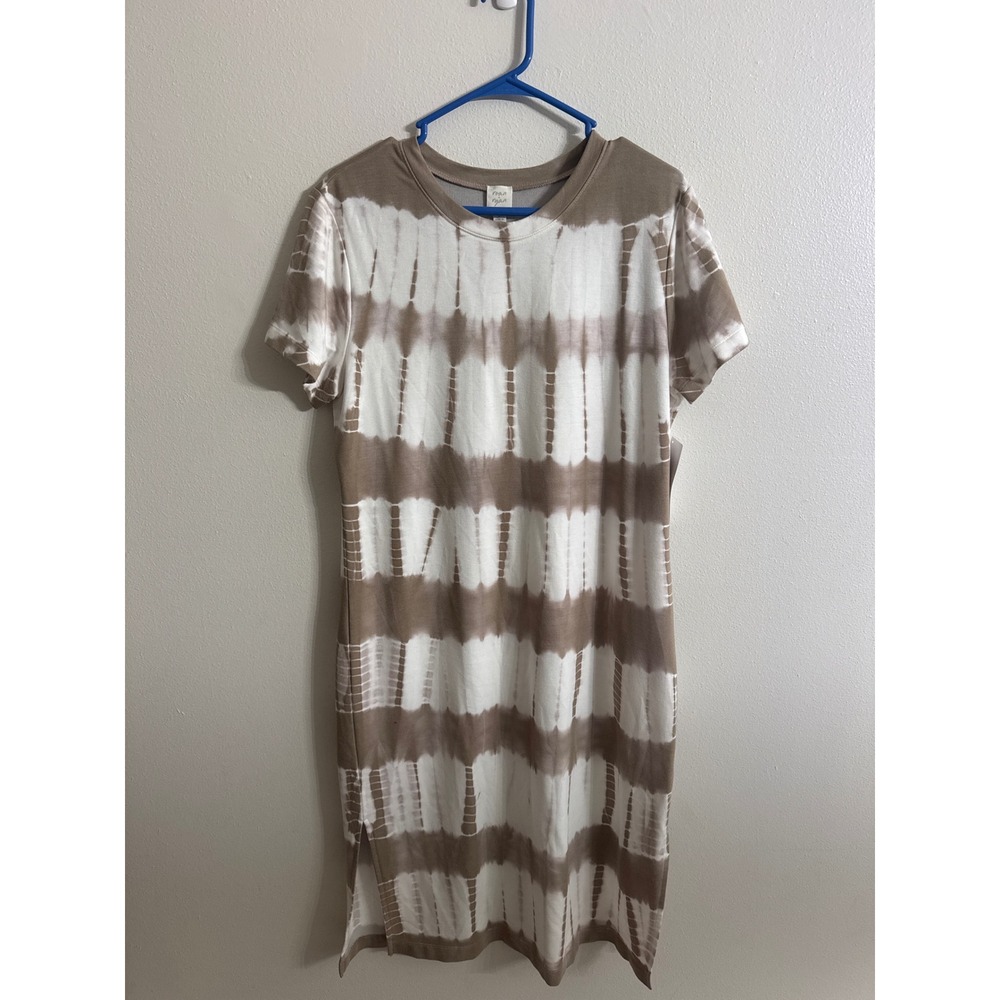Evereve Roan + Ryan Women Tan White Tie Dye T-Shirt Dress Side Slit Large NEW